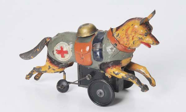 Günthermann: Günthermann, Shepherd, Germany prewar, tin, windup ok, paint damages according to age Deutsche Beschreibung: Günthermann, Schäferhund, Germany VK, 17cm, Blech, Uhrwerk ok, altersbedingte Lackmänge