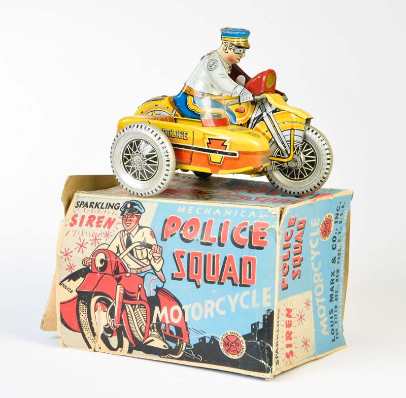 Marx, Police Squad Beiwagenmotorrad: Marx, Police squad pillion motorbike , USA, tin, cw ok, paint d., box C 3, C 2