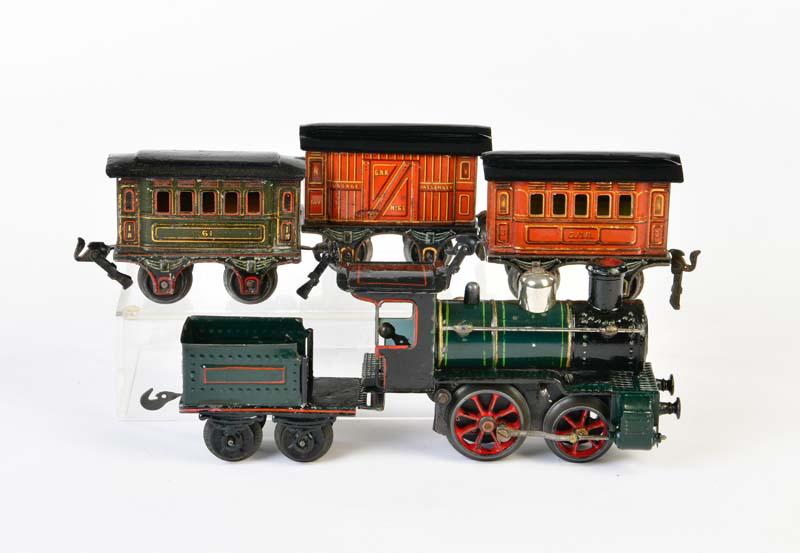 Bing, Lok mit Tender + 3 Wagen: Bing, loco with tender + 3 wagons, Germany pw, gauge 0, cw ok, min. paint d.