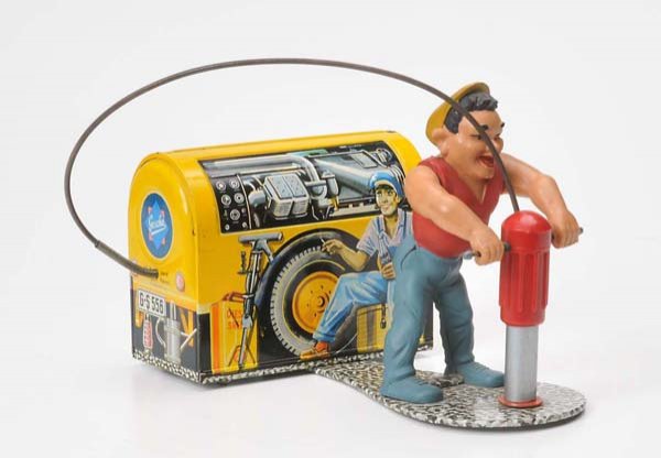 Gescha: Gescha, Compressor Man, W.-Germany, tin, functions ok, condition 1, Deutsche Beschreibung: Gescha, Compressor Mann, W.-Germany, ca. 19 cm, Blech, Funktionen ok, Z 1, (2627)