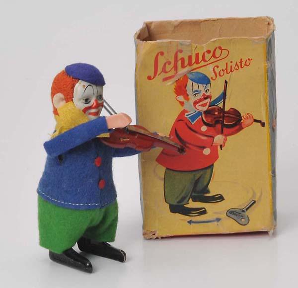 Schuco: Schuco, Dancing Figure 'Clown with Violin', W-Germany, 12 cm, windup ok, original box condition 3-4, one part missing, condition 1- Deutsche Beschreibung: Schuco, Tanzfigur, Clown mit Geige, W-Germany