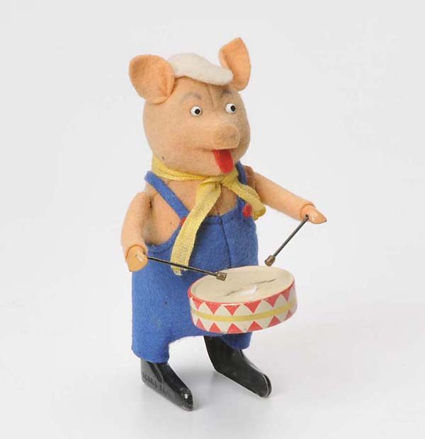 Schuco: Schuco, Dancing Figure Pig with Drum, Germany, windup ok, condition 1-, Deutsche Beschreibung: Schuco, Tanzfigur Schweinchen mit Trommel, Germany, 12 cm, Uhrwerk ok, Z 1-, (2214)