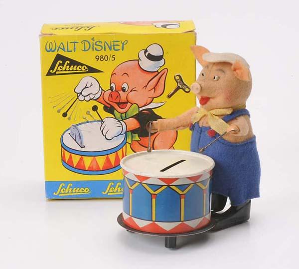 Schuco: Schuco, Dancing Figure Pig with Drum (Savings Box), W.-Germany, 12cm, tin, windup ok, functions ok, original box condition 1, condition 1- Deutsche Beschreibung: Schuco, Tanzfigur Schwein mit Trommel