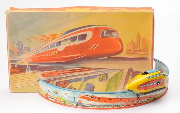 Technofix: Technofix, Rocket Course, US Zone Germany, Box 18x32cm, tin, windup ok, original box condition 1-, condition 1 Deutsche Beschreibung: Technofix, Raketenbahn, US Zone Germany, Box 18x32cm, Blech, Uhrwe