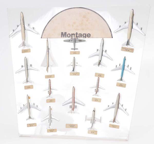 Schuco: Schuco, Display Airplanes, W-Germany, partially adhesive leavings, Schuco sign bleached, condition 2-3. Deutsche Beschreibung: Schuco, Werbetafel Flugzeuge. W-Germany, teilweise Klebstoffreste, Schuco