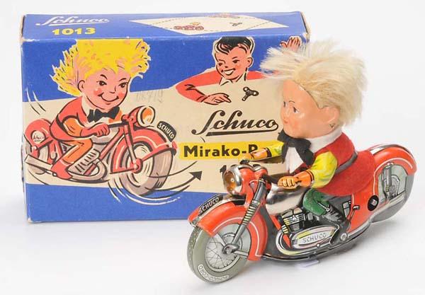 Schuco: Schuco, Motor Bike Miraco Peter, W.-Germany, 13 cm, tin, windup ok, original box condition 1, condition 1 Deutsche Beschreibung: Schuco, Motorrad Miraco Peter, W.-Germany, 13 cm, Blech, Uhrwerk ok, Ok