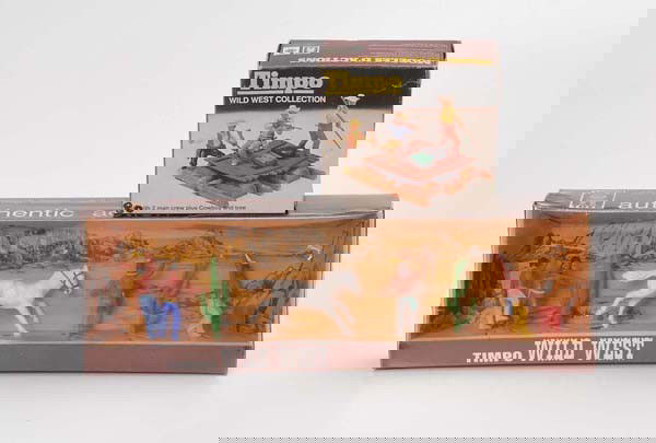 Timpo Toys: Timpo Toys, 2x Wild West Figures, plastic, original box condition 1-, condition 1 Deutsche Beschreibung: Timpo Toys, 2x Wild West Figuren, 12 + 36cm, Kunststoff, Okt Z 1-, Z 1, (285)