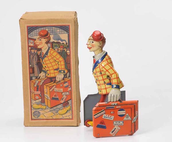 Distler: Distler, Man and Suitcase, Germany prewar, 19 cm, tin, windup ok, original box condition 1, condition 1 Deutsche Beschreibung: Distler, Mann mit Koffern, Germany VK, 19 cm, Blech, Uhrwerk ok, Okt Z 1,