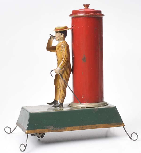 Günthermann: Günthermann, Smoker on Platform, Germany prewar, windup ok, functions not checked, partially repainted, very rare, Deutsche Beschreibung: Günthermann, Raucher auf Podest, Germany VK, H 28 cm, Blech,