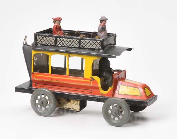 Günthermann: Günthermann, Double Decker Bus, Germany prewar, 17 cm, tin, windup ok, paint damage, handpainted, partially restored Deutsche Beschreibung: Günthermann, Doppelstock Bus, Germany VK, 17 cm, Blech, Uh