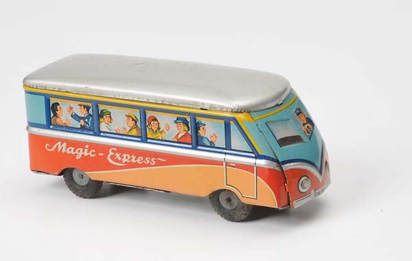Niedermeier: Niedermeier, 'Magic Express' Bus, W.-Germany, tin, windup ok, paint damage, condition 2, Deutsche Beschreibung: Niedermeier, 'Magic Express' Bus, W.-Gemany, 17 cm, Blech, Uhrwerk ok, Lackmängel, Z 2,