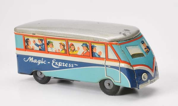 Niedermeier: Niedermeier, 'Magic Express' Bus, W.-Germany, tin, windup ok, paint damage on roof, othwerwise good, condition 2, Deutsche Beschreibung: Niedermeier, 'Magic-Express' Bus, W.-Germany, 16 cm, Blech, Uhr