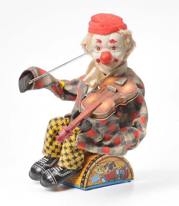 Alps: Alps, Clown with Violin, Japan, High 24 cm, mixed material, functions ok, slightly dirty, otherwise good condition 1-2 Deutsche Beschreibung: Alps, Clown mit Geige, Japan, H 24 cm, Gemischtbauweise, F