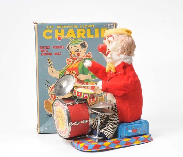 Cragston: Cragston, Charlie The Drumming Clown, Japan, 24 cm, mixed material, functions ok, original box condition 2-3, condition 1- Deutsche Beschreibung: Cragston, Charlie The Drumming Clown, Japan, 24 cm, Ge