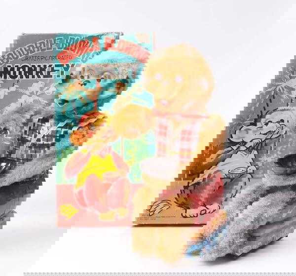 Alps: Alps, Bubble Blowing Monkey, Japan, 28 cm, mixed material, battery drive and functions ok, original box condition 1-2, condition 1- Deutsche Beschreibung: Alps, Bubble Blowing Monkey, Japan, 28 cm, Ge