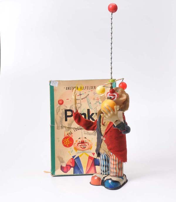 Alps: Alps, Pinky, The Juggling Clown, Japan, 47 cm, mixed material, battery drive and functions ok, original box condition 2-3, clothes dirty, condition 2- Deutsche Beschreibung: Alps, Pinky, The Juggling 