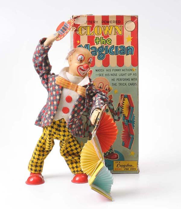 Alps: Alps, Clown the Magician, mixed material, electric drice + functions ok, original box condition 2-, condition 1-, Deutsche Beschreibung: Alps, Clown the Magician, Japan, 29 cm, Gemischtbauweise, Elekt