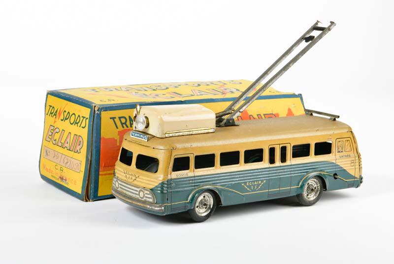 Rossignol, Transports Eclair Trolleybus: Rossignol, Transports Eclair trolleybus, France, 26,5 cm, tin, min. paint d., box (flaps part. missing), C 2+