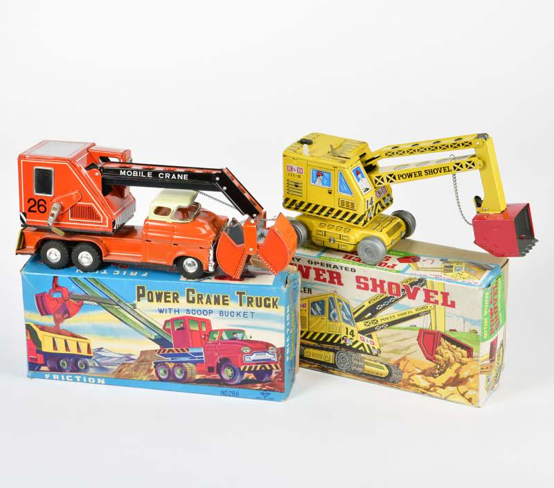 Daiya, Power Crane Truck + Aoshin Power Shovel: Daiya, Power Crane Truck + Aoshin Power Shovel, Japan, 24 cm, tin, paint d., box ,C 2+/2