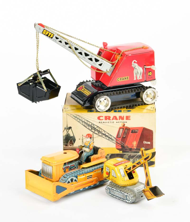 Bulldozer, Shovel + Crane: Bulldozer, shovel + crane, Japan + China, tin, min. paint d., C 1-2
