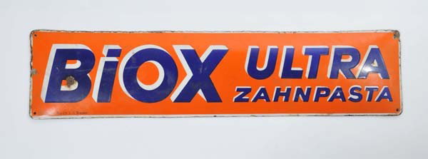 Enamel Sign: Enamel Sign 'Biox Ultra Zahnpasta', severe paint damage, rusty, condition 3-4 Deutsche Beschreibung: Emailleschild 'Biox Ultra Zahnpasta', 97x23cm, starke Lackmängel, rostig, Z 3-4, (3228)
