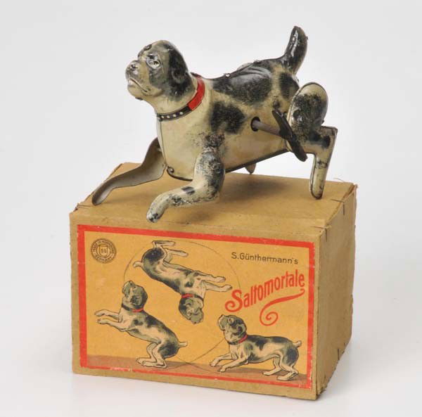 Günthermann: Günthermann, jumping dog, Germany prewar, tin, windup ok, original box condition 1 Deutsche Beschreibung: Günthermann, springender Hund, Germany VK, 14 cm, Blech, Uhrwerk ok, Okt Z 1, (2807)