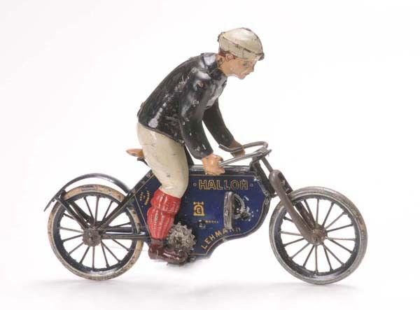 Lehmann: Lehmann, Motorbike 'Hallo', Germany prewar, tin, windup hard-stearing, paint damage, original condition and not restored Deutsche Beschreibung: Lehmann, Motorrad 'Hallo', Germany VK, 22 cm, Blech, Uh