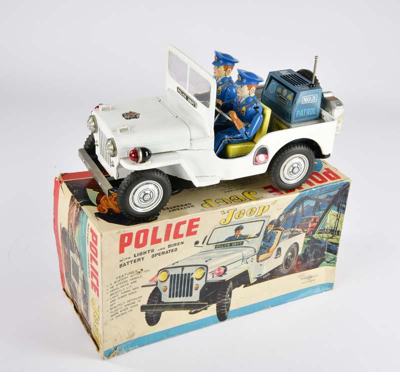 TN Nomura, Police Jeep: TN Nomura, Police Jeep, Japan, 35 cm, tin, function not checked, paint d., min. rust d., box C 2-3, biggest version, C 2-