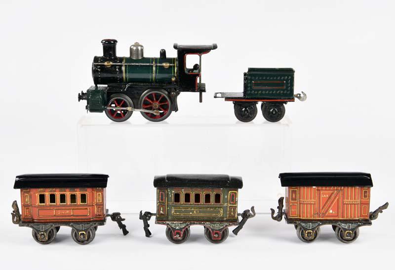 Bing, Lok mit Tender + 3 Wagen: Bing, loco with tender + 3 wagons, Germany pw, guage 0, cw ok, min. paint d.