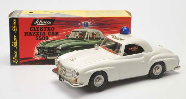 Schuco: Schuco, Razzia Car, W-Germany, tin, battery drive ok, stockware, condition 1- Beschreibung:Schuco, Razzia Car, 22 cm, W-Germany, Blech, Elektroantrieb ok, Lagerware, Z 1-, (3295)