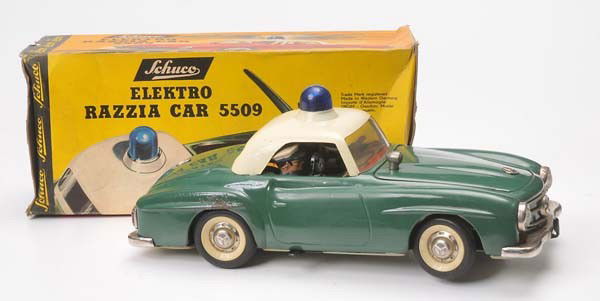 Schuco: Schuco, Razzia Car, W-Germany, tin battery drive defective, original box condition 2, one car wing minimal rusty, otherwise good condition Beschreibung:Schuco, Razzia Car, 22 cm, W-Germany, Blech, Ele