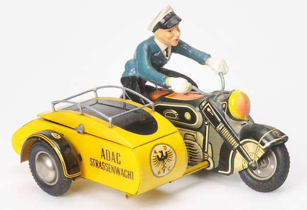 Göso: Göso, ADAC Motorbike, W-Germany, tin, friction ok, handlebar and driver replaced, bottom repainted Beschreibung:Göso, ADAC Motorrad, 18 cm, W.-Germany, Blech, Friktion ok, Lenker und Fahrer ersetzt,