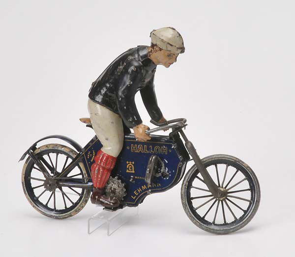 Lehmann: Lehmann, Motorbike 'Hallo', Germany prewar, tin, windup hard-stearing, paint damage, original condition and not restored Beschreibung:Lehmann, Motorrad 'Hallo', Germany VK, 22 cm, Blech, Uhrwerk schwe