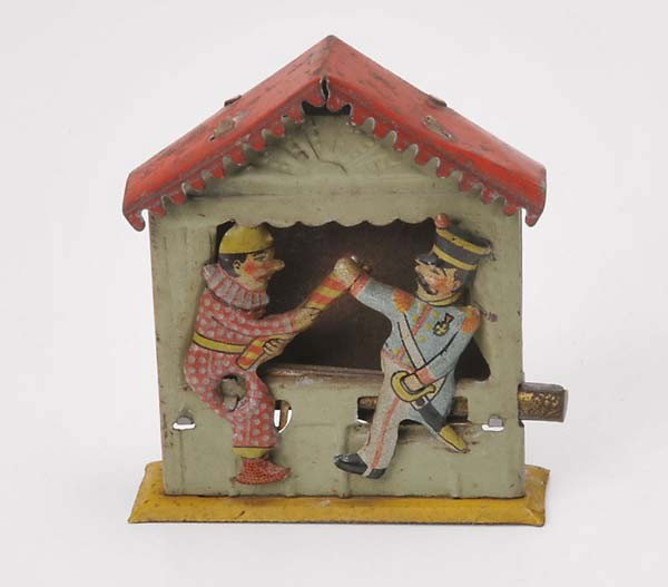 Meier: Meier, Penny Toy Punch and Judy Show, German prewar, tin, functions ok, paint damage, condition 2 Beschreibung:Meier, Penny Toy Kasperletheater, 6 cm, Germany VK, Blech, Funktionen ok, Lackmängel, Z 