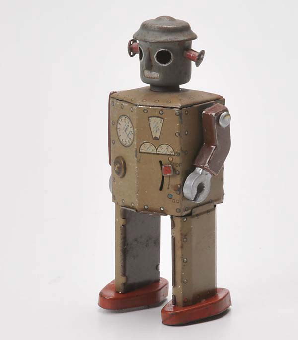 Atomic Man: Atomic Man Robot, Japan, tin, windup ok, paint damage, condition 2- Beschreibung:Atomic Man Robot, 13,5 cm, Japan, Blech, Uhrwerk ok, Lackmängel, Z 2-, (3302)