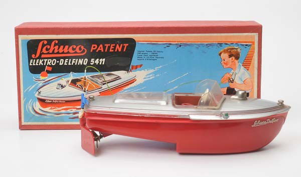 Schuco: Schuco Boat "Electro Delfino 5411", US Zone Germany, plastic, battery drive ok, original box condition 1, with instruction, buoy and accessory, early version, condition 1 Beschreibung: Schuco, Boot "E