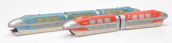 Schuco: Schuco, Monorail, train blue and 2 wagons, W.-Germany, battery drive not checked, train blue: one side part missing, condition 1- and condition 2- Beschreibung: Schuco, Monorail, Zug blau und 2 Schlus