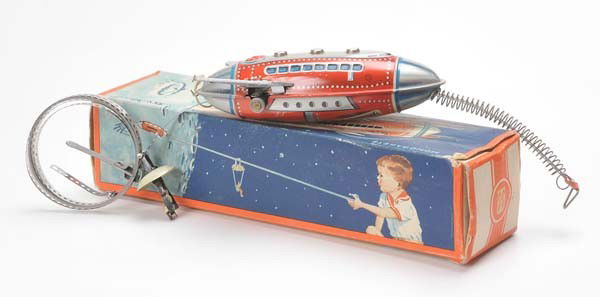 Günthermann: Günthermannn, Rocket with Sky Diver, US Zone Germany, tin, functions ok, original box condition 1-2, unused, condition 1- Beschreibung: Günthermann, Rakete mit Fallschirmspringer, US Zone Germany, 1