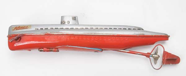 Schuco: Schuco, Prototype submarine, Germany, Tin, Windup ok, damage to paint, from Schuco sample room, C 2-3 Beschreibung: Schuco, Prototyp U-Boot, Germany, 22,5 cm, Blech, Uhrwerk ok, Lackmängel, aus S