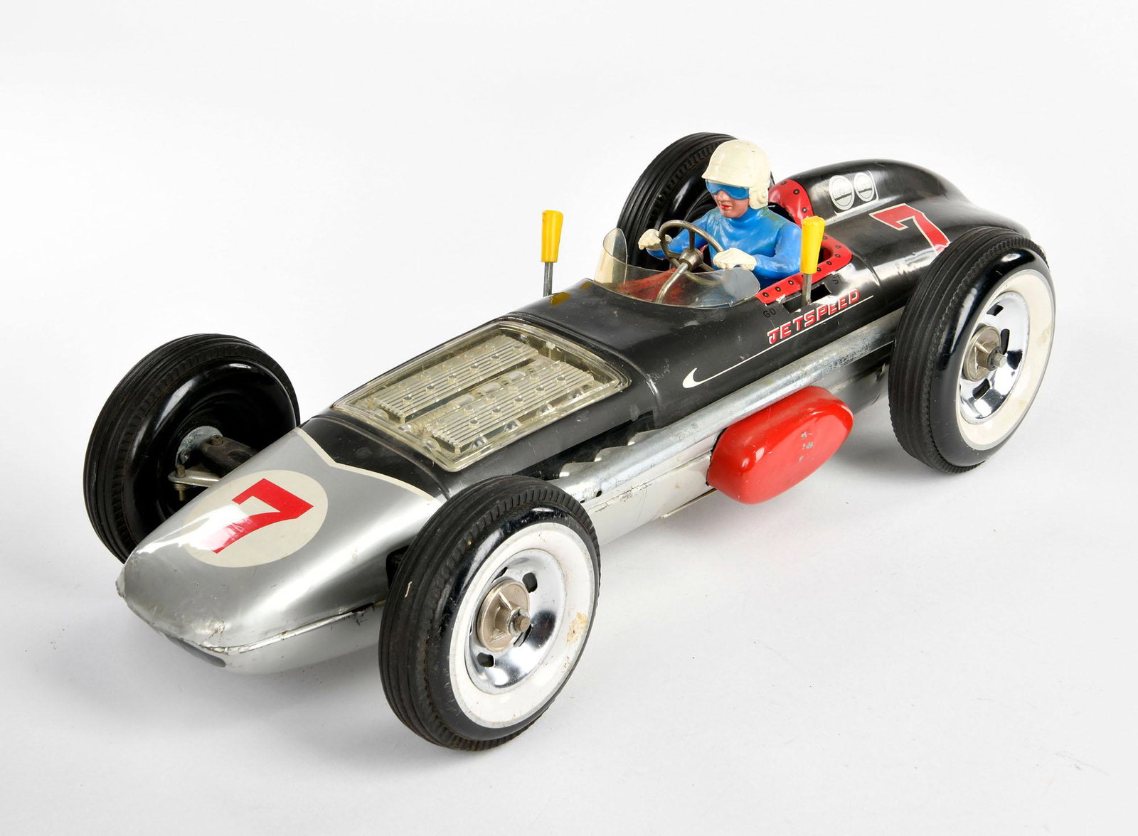 Yonezawa, Rennwagen No 7: Yonezawa, Rennwagen No 7, Japan, 44 cm, Blech, Bat. Antrieb ok, min. LM, Windschutzscheibe ersetzt, Z 2