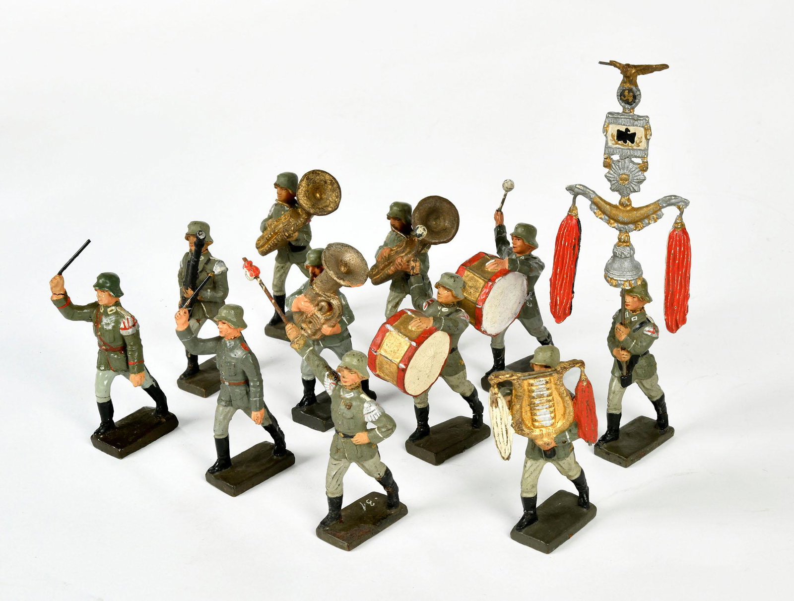 Lineol, 11 musizierende Soldaten: Lineol, 11 musizierende Soldaten, Germany VK, 7 cm, Masse, min. LM, Z 1-2