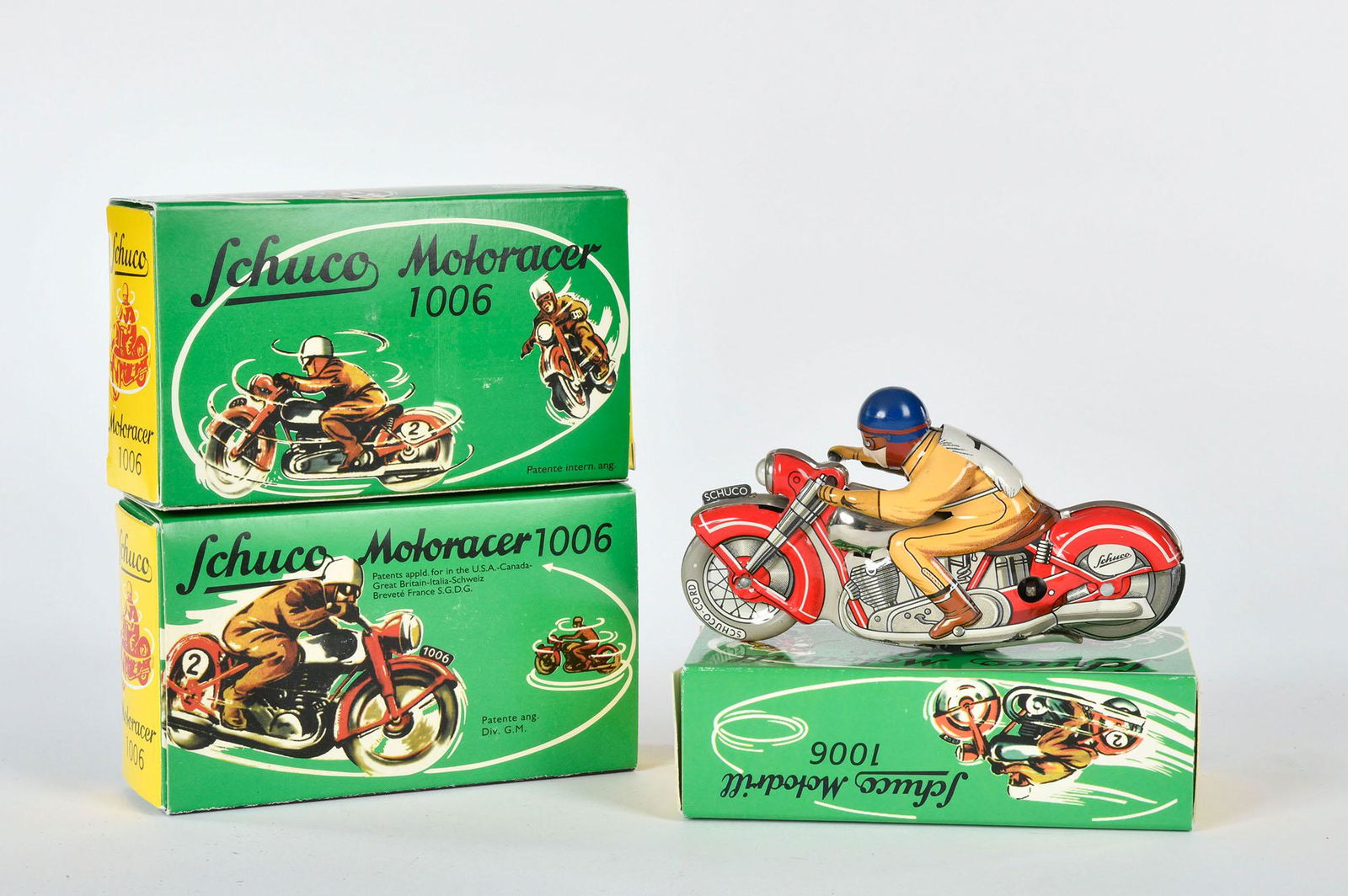 Schuco, 3 Motoracer 1006: Schuco, 3 Motoracer 1006, verschiedene Ausfuhrungen, 12 cm, Blech, UW ok, Replikas, Okt, Z 1