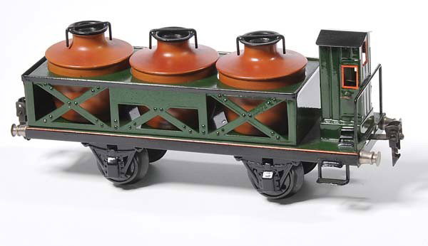 Märklin: English: Maerklin, Wagon, gauge 1, Germany prewar, acid barrel original?, very good condition Deutsch: Märklin, Säurewagen, Spur 1, Germany VK, Säurefässer original?, sehr guter Zustand (3395)