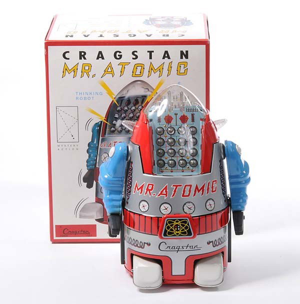 Cragstan: English: Cragstan, "Mr Atomic" Roboter, Japan, tin, battery drive ok, original box condition 1, reproduction of the 90s, condition 1 Deutsch: Cragstan, "Mr Atomic" Roboter, Japan, 24cm, Blech, Elektro