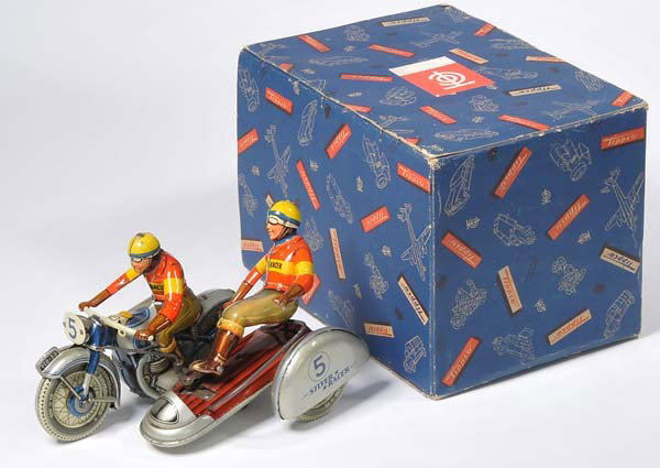 Tipp&Co: English: Tipp&Co, "Silver Racer" Motorcycle, US Zone Germany, tin, windup and functions ok, minimal paint damage, original box condition 1 (for Silver Racer?), condition 1- Deutsch: Tipp&Co, "Silver R