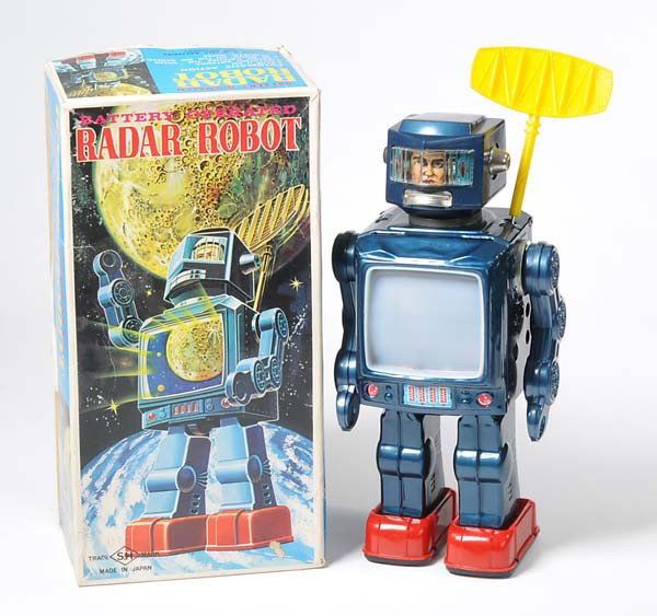 Horikawa: English: Horikawa, Radar Robot, Japan, tin, battery drive and functions ok, original box condtion 1-, condition 1 Deutsch: Horikawa, Radar Robot, Japan, 29 cm, Blech, Elektroantrieb und Funktionen ok,
