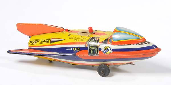 HWN: English: HWN, Rocket as Saving Box, W.-Germany, tin, paint damage, condition 2 Deutsch: HWN, Rakete als Spardose, W.-Germany, 19 cm, Blech, Lackmängel, Z 2, (2457)