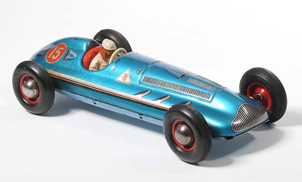 Tipp&Co: English: Tipp&Co, Racing Car, W.-Germany, tin, friction ok, damage to paint, windscreen missing, condition 3+ Deutsch: Tipp&Co, Rennwagen, 28 cm, W.-Germany, Blech, Friktion ok, Lackmängel, Windschut
