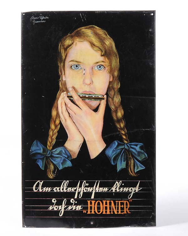Tin-plate Sign: English: Tin-plate Sign "Hohner", flat, minimal paint damage, lower edge cut off, 2 bends, two spots with paint partially chipped off on face, condition 2- Deutsch: Blechschild "Hohner", flach, 30x49 