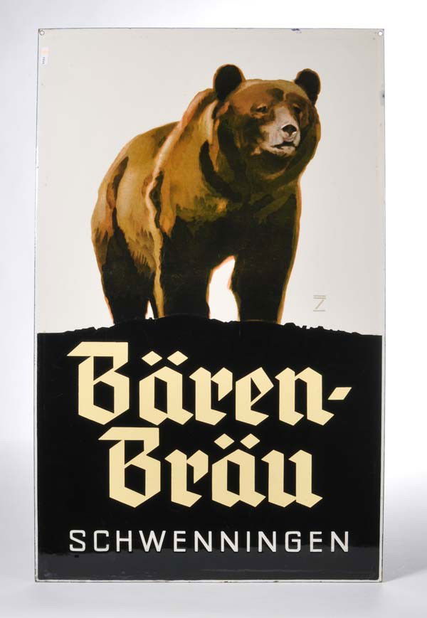 Enamel Sign: English: Enamel Sign "Bärenbräu Schwenningen", flat, from the 20s, L.Hohlwein, condition 1 Deutsch: Emailleschild "Bärenbräu Schwenningen", 80x50 cm, flach, 20er Jahre, L. Hohlwein, Z 1, (2353)